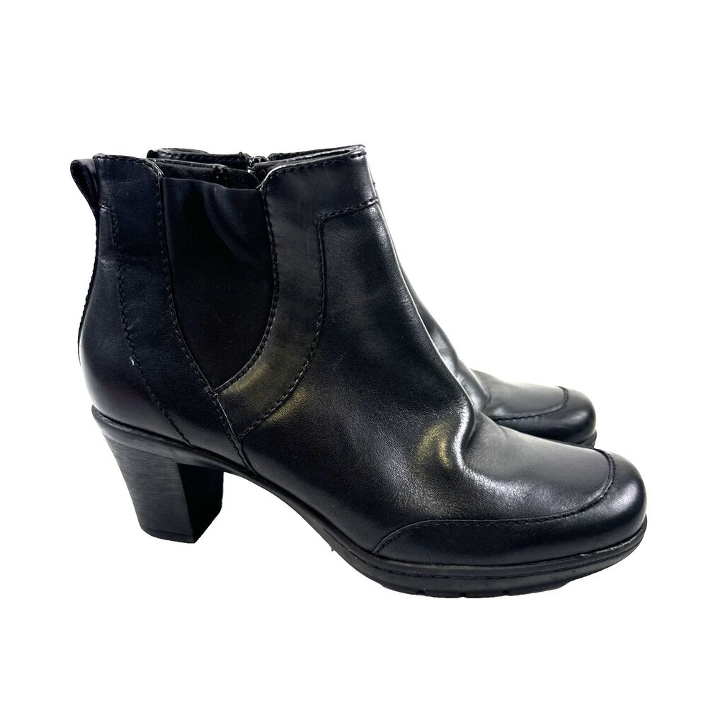 Clarks Bendables Heel Ankle Boot Black Leather Side Zip Round Toe Womens 8